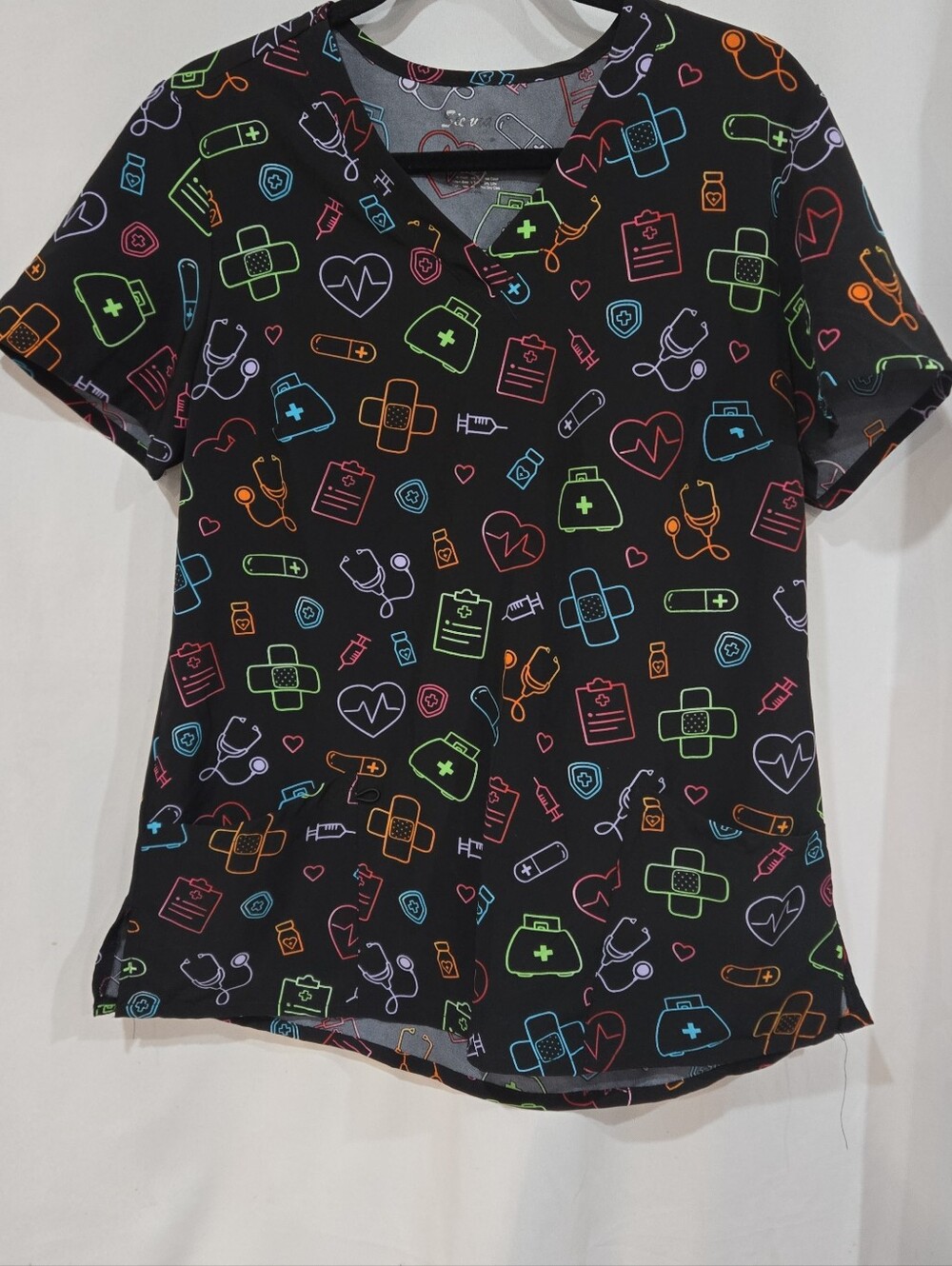 Women’s Black Medical Print Scrub Top - Multicolor Icons